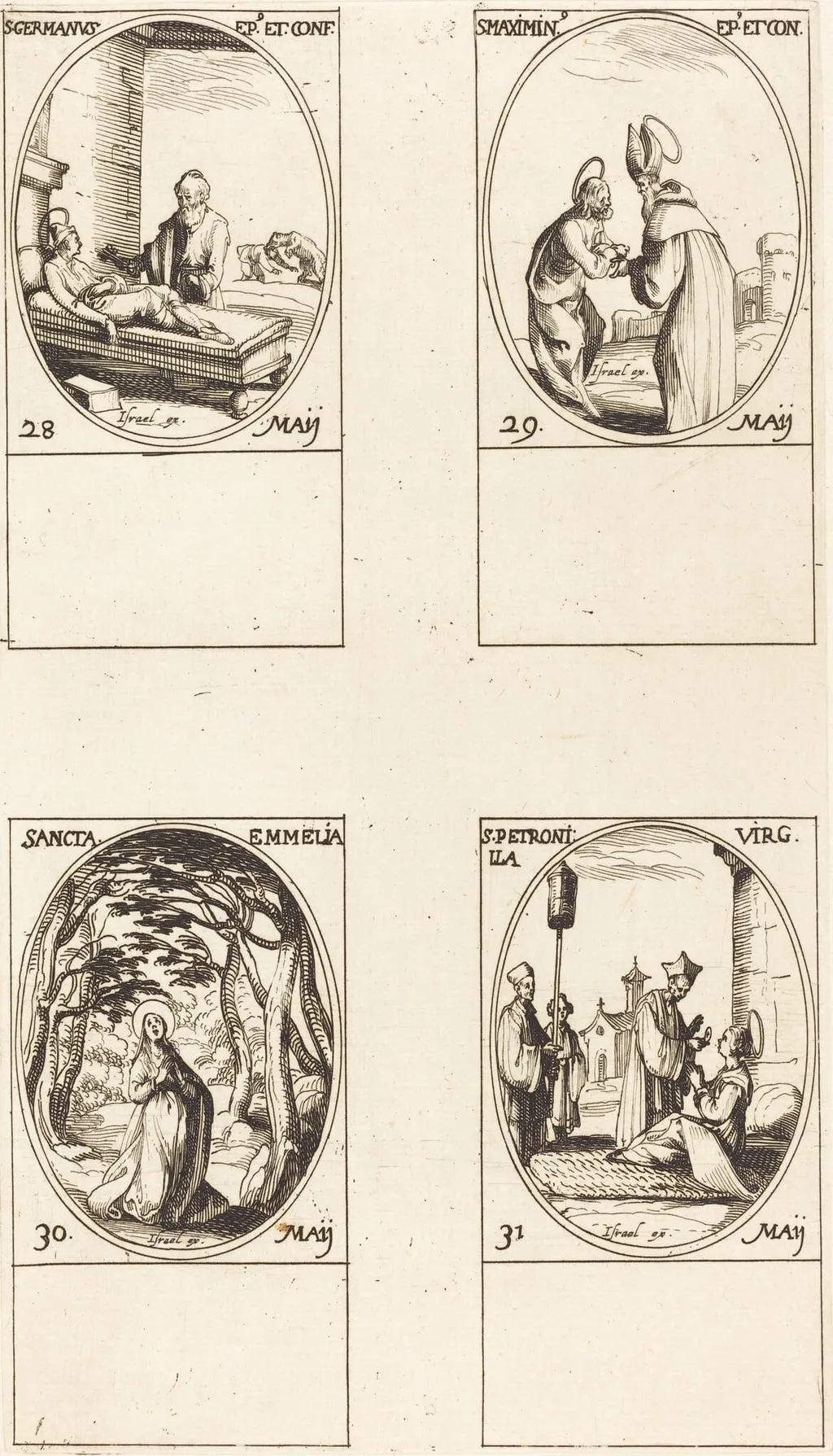 St. Germanus of Paris; St. Maximinus; St. Emmelia; St. Petronilla, by Jacques Callot, ink, 1634