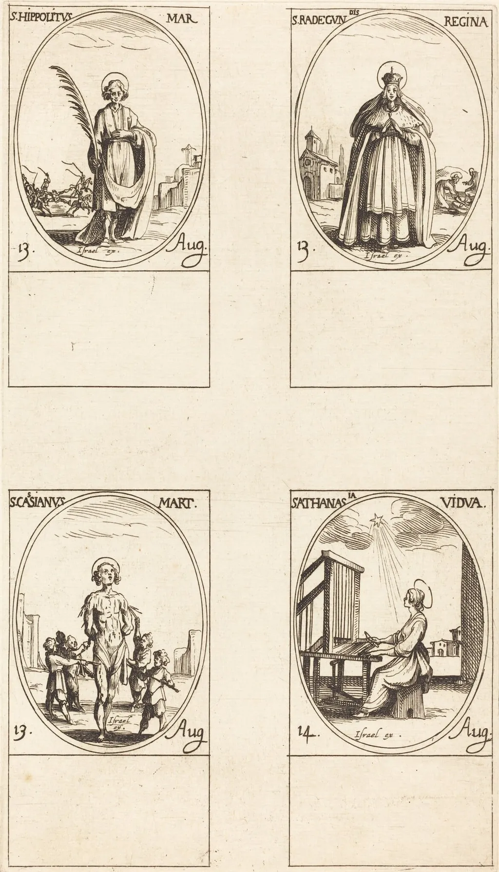 St. Hippolytus; St. Radegund, Queen; St. Cassian; St. Athanasia, by Jacques Callot, ink, 1634