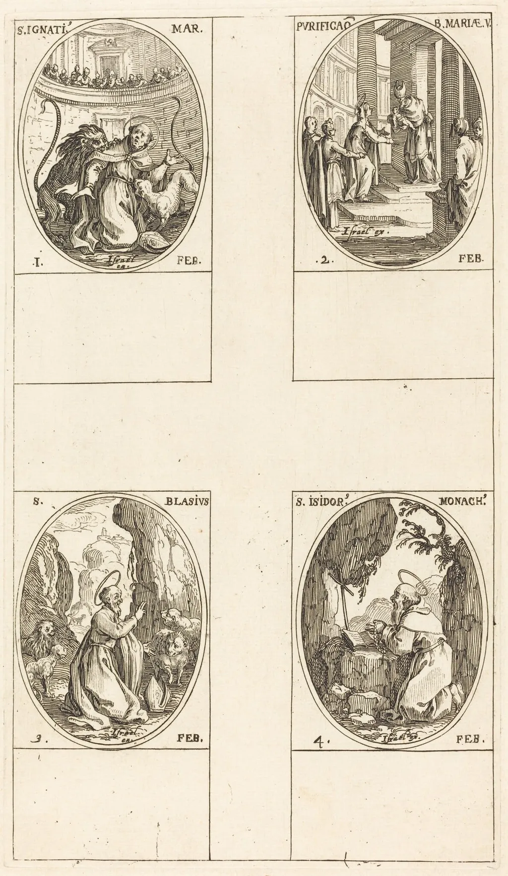 St. Ignatius; Purification of the Virgin; St. Blaise; St. Isidore, by Jacques Callot, ink, 1634