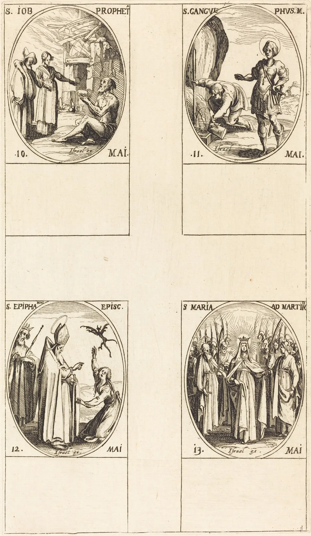 St. Job, Prophet; St. Gangulphus; St. Epiphanius; St. Mary of Martyrs, by Jacques Callot, ink, 1634