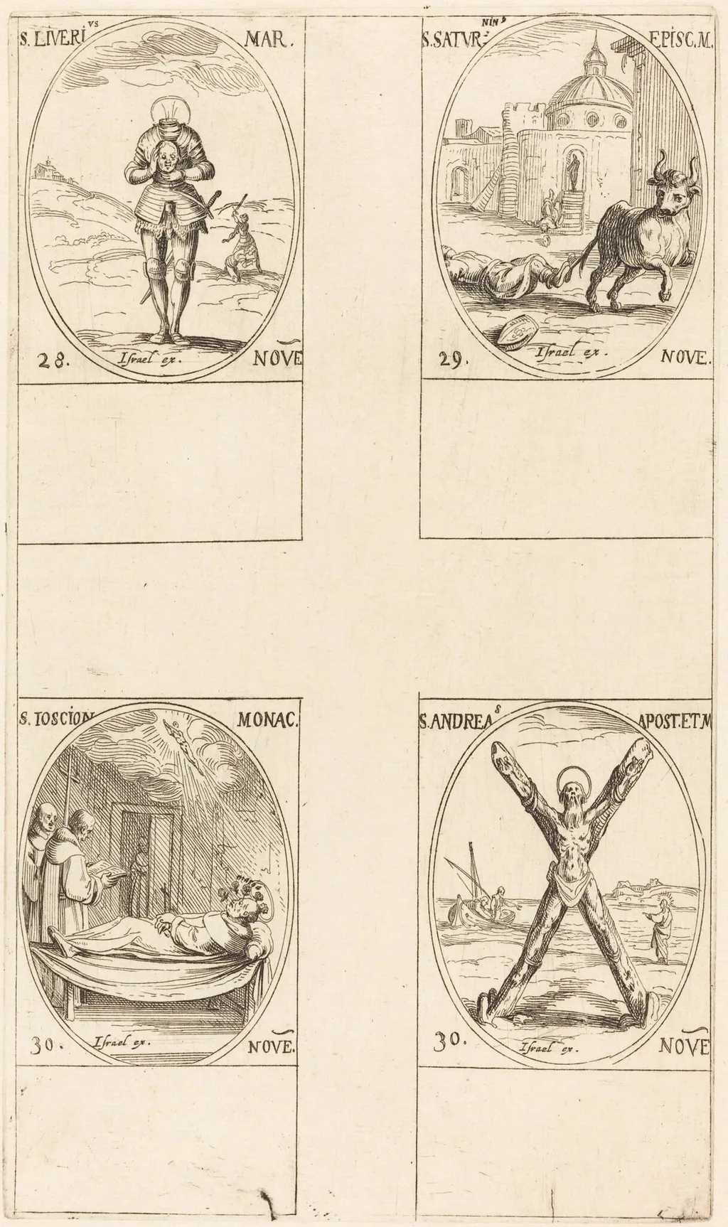 St. Liverius; St. Saturninus; St. Joscion; St. Andrew, by Jacques Callot, ink, 1634