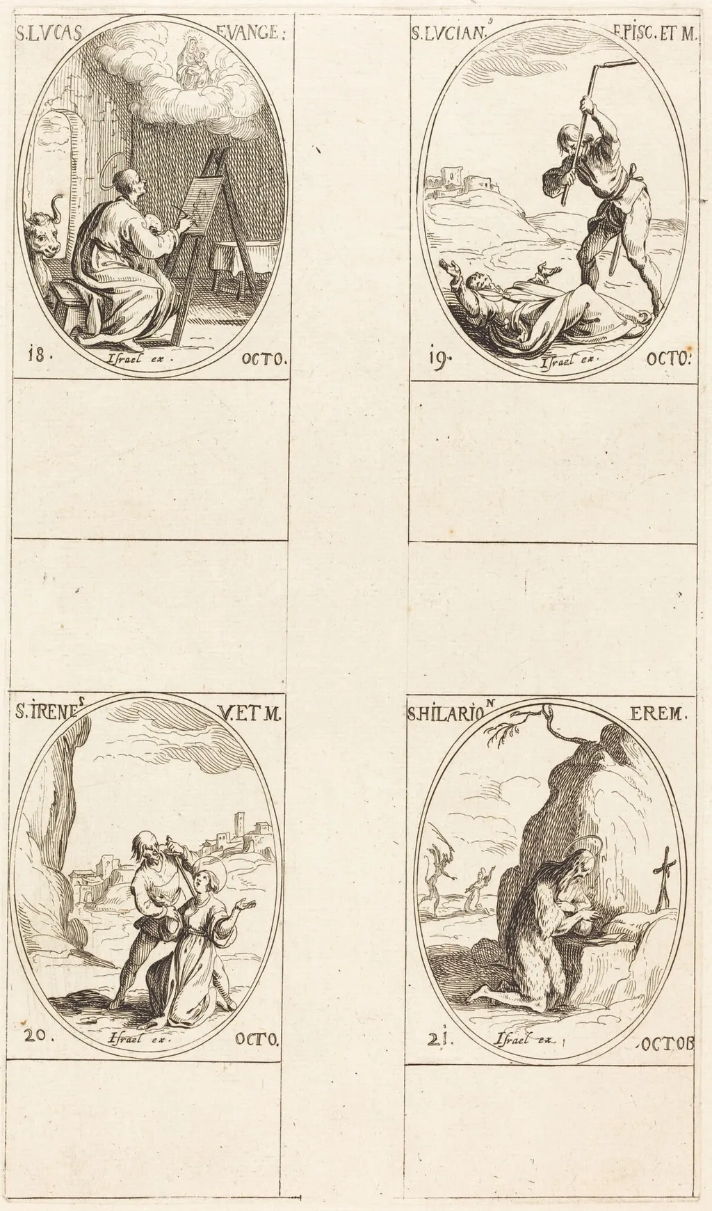 St. Luke; St. Lucian; St. Irene; St. Hilarion, by Jacques Callot, ink, 1634