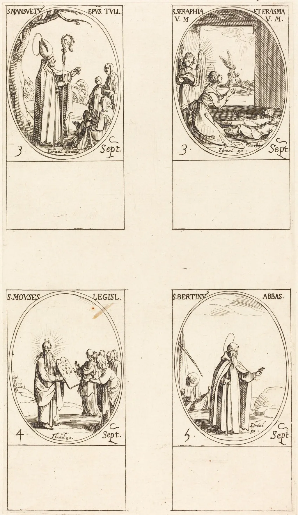 St. Mansuetus; Sts. Serapia and Erasma; Moses; St. Bertin, Abbot, by Jacques Callot, ink, 1634