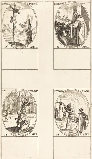 St. Maria Doloru; St. Stephen, Abbot; St. Apoloni; St. Timon, by Jacques Callot, 1634