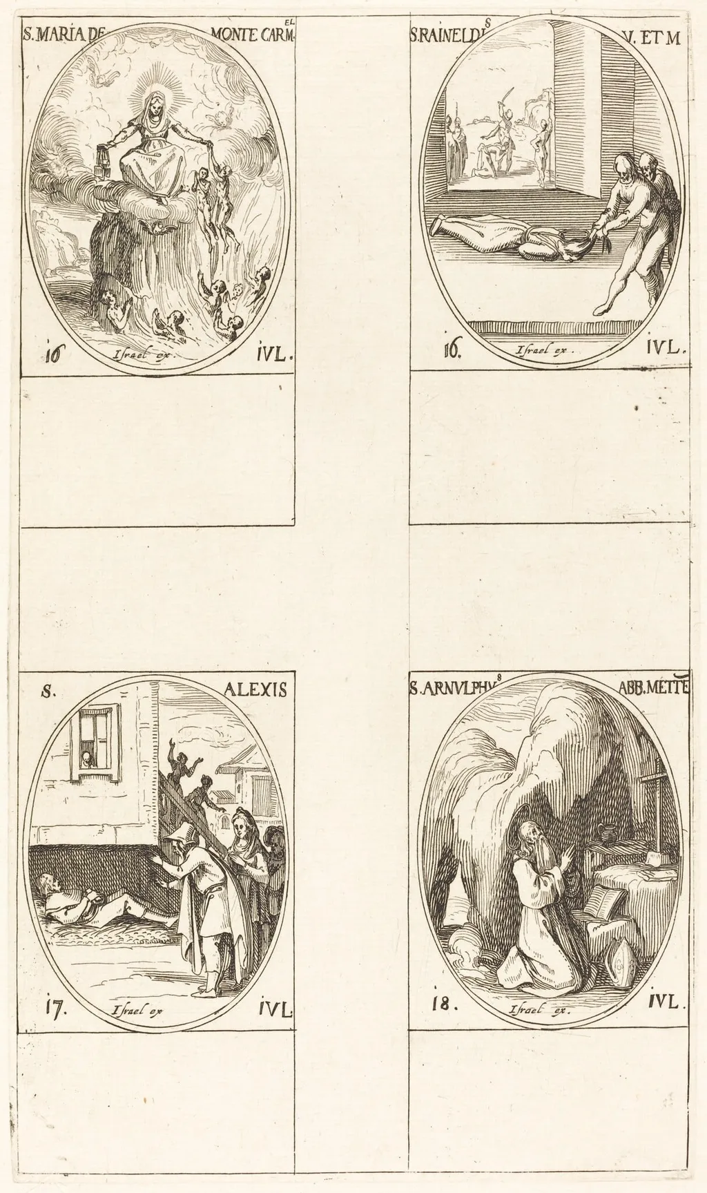 St. Mary of Mont Carmel; St. Raineldis; St. Alexis; St. Arnold of Metz, by Jacques Callot, ink, 1634