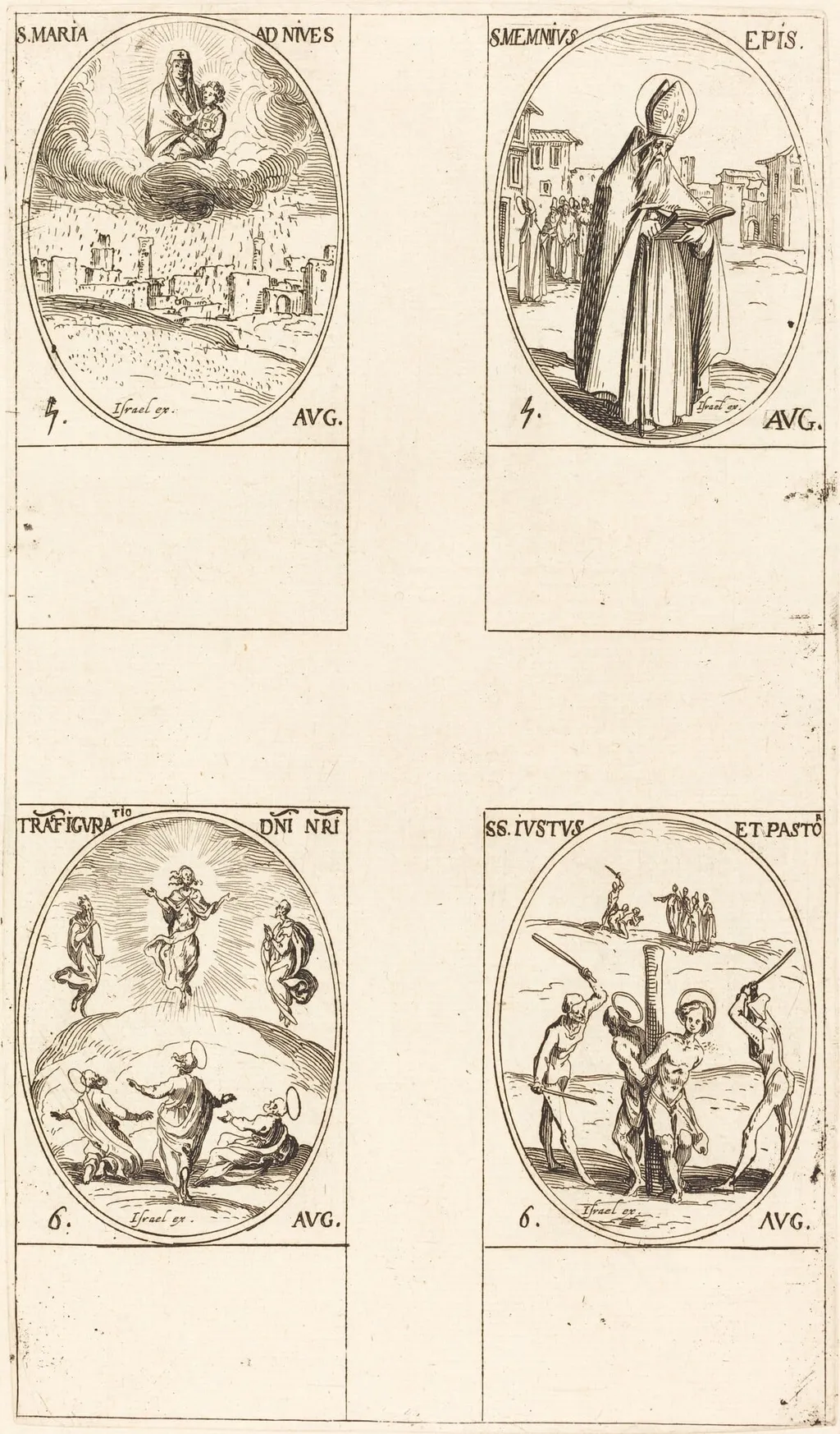 St. Mary of Snow; St. Memmius, Bishop; The Transfiguration; Sts. Justus and Pastor, by Jacques Callot, ink, 1634