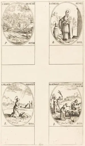 St. Mary of Victory; St. Simeon, Prophet; St. Pelagia; Sts. Reparata and Benedicta, by Jacques Callot
