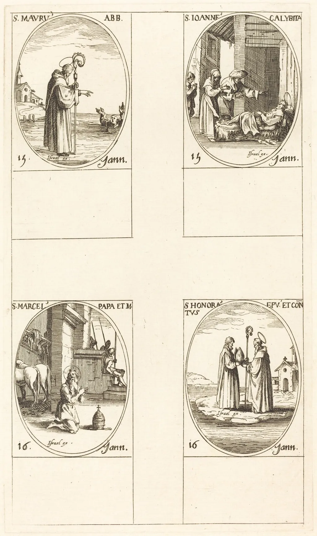 St. Maurus; St. John Calybite; St. Marcellus; St. Honoratus, by Jacques Callot, ink, 1634