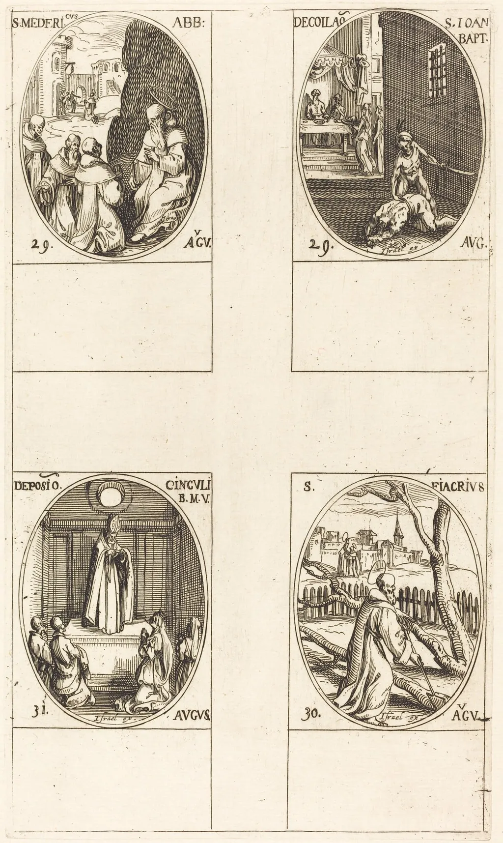 St. Mederic, Abbot; Beheading of John the Baptist; St. Fiacre; Festival of the Belt of the Virgin, by Jacques Callot, ink, 1634