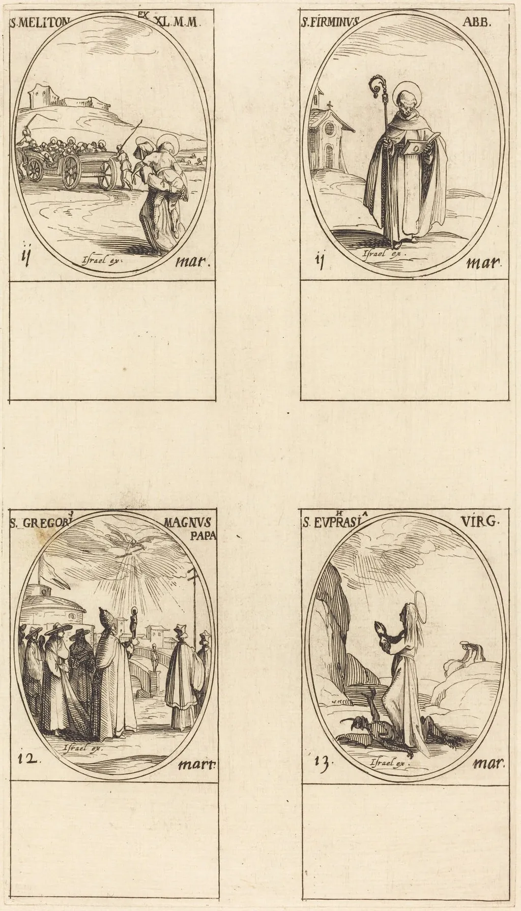 St. Meliton; St. Firminus; St. Gregory the Great; St. Euphrasia, by Jacques Callot, ink, 1634