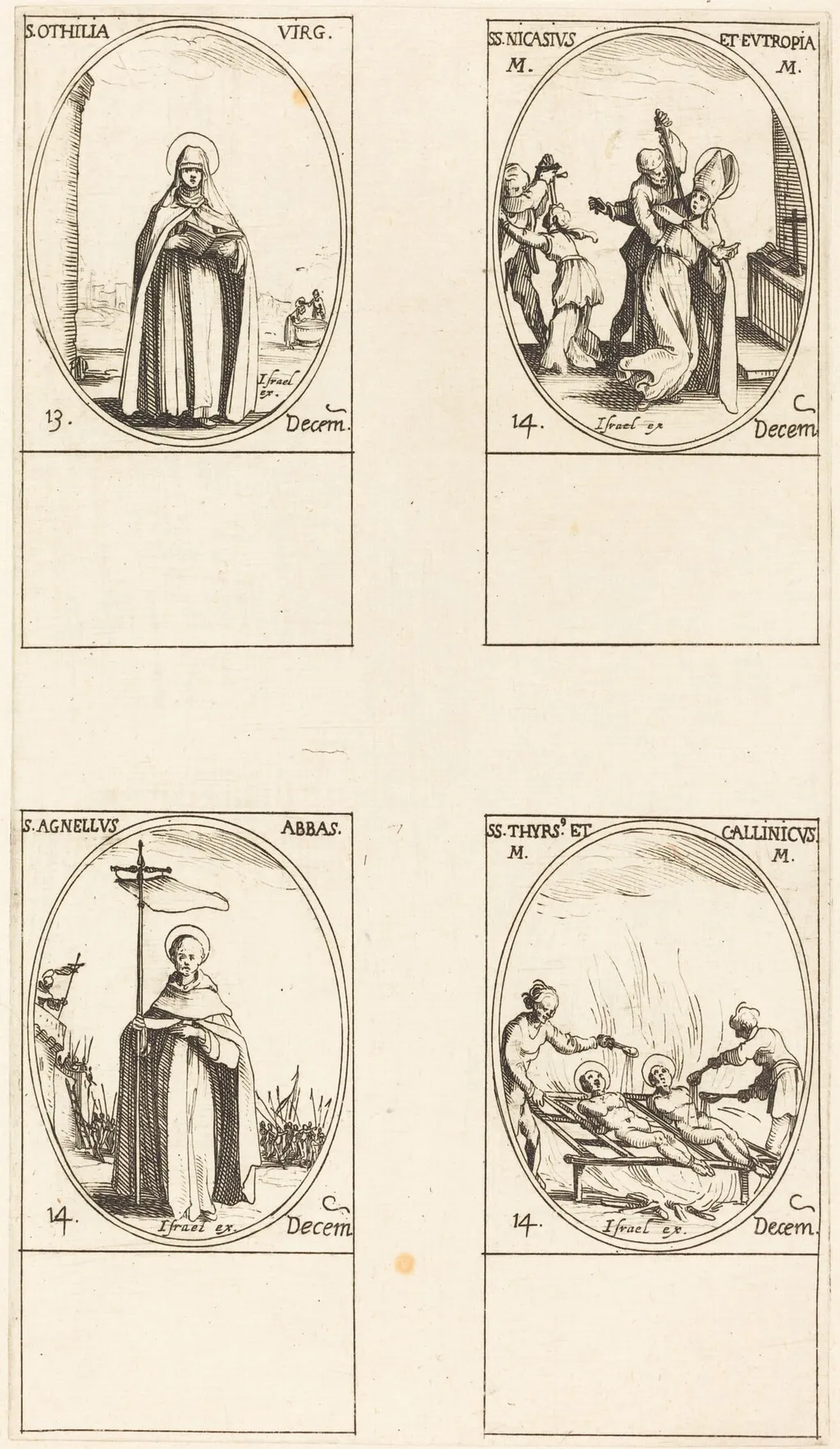 St. Othilia; Sts. Nicasius & Eutropia; St. Agnelus; Sts. Thyrsus & Callinicus, by Jacques Callot, ink, 1634