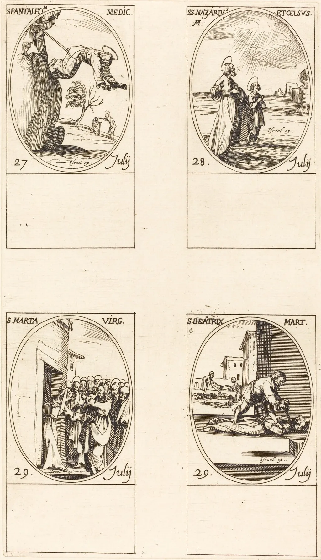 St. Pantaleon; Sts. Nazarius and Celsus; St. Martha; St. Beatrice, by Jacques Callot, ink, 1634