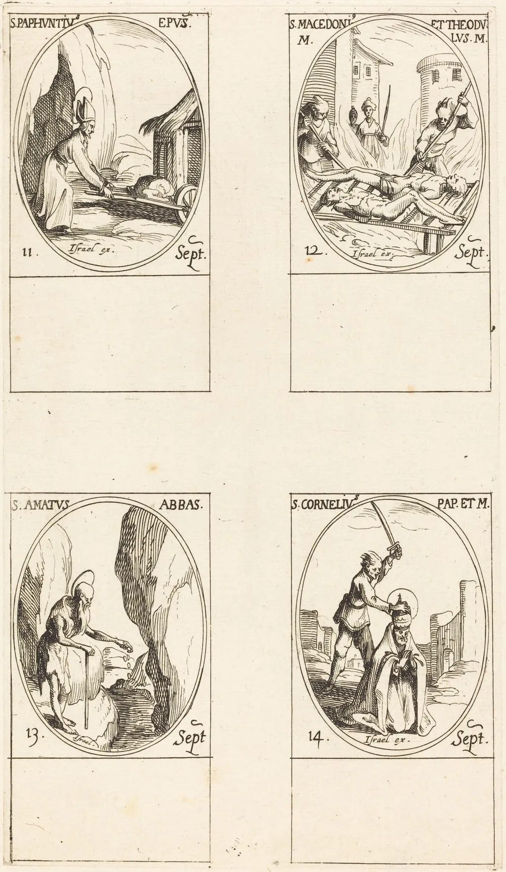St. Paphnutius; Sts. Macedonius and Theodulus; St. Amatus; St. Cornelias, by Jacques Callot, ink, 1634