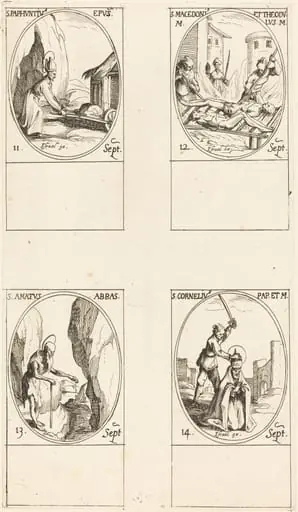 St. Paphnutius; Sts. Macedonius and Theodulus; St. Amatus; St. Cornelias, by Jacques Callot