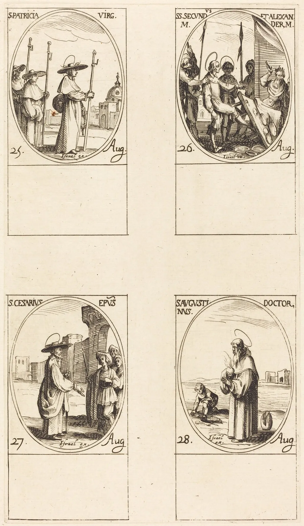 St. Patricia; Sts. Secundus and Alexander; St. Cesarius; St. Augustine, by Jacques Callot, ink, 1634