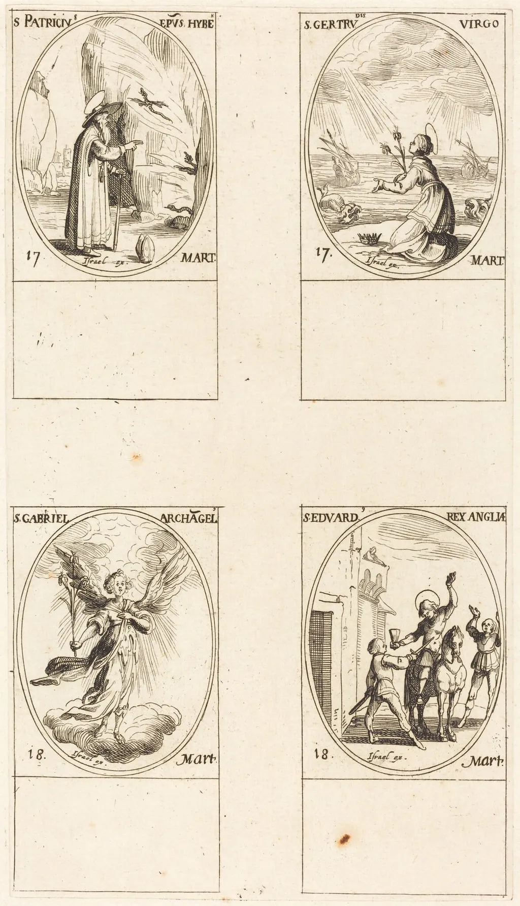 St. Patrick; St. Gertrude; St. Gabriel, Archangel; St. Edward, by Jacques Callot, ink, 1634