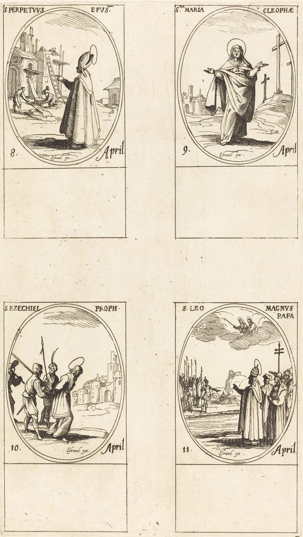 St. Perpetuus; St. Mary of Cleophas; St. Ezechiel; St. Leo the Great, by Jacques Callot, ink, 1634