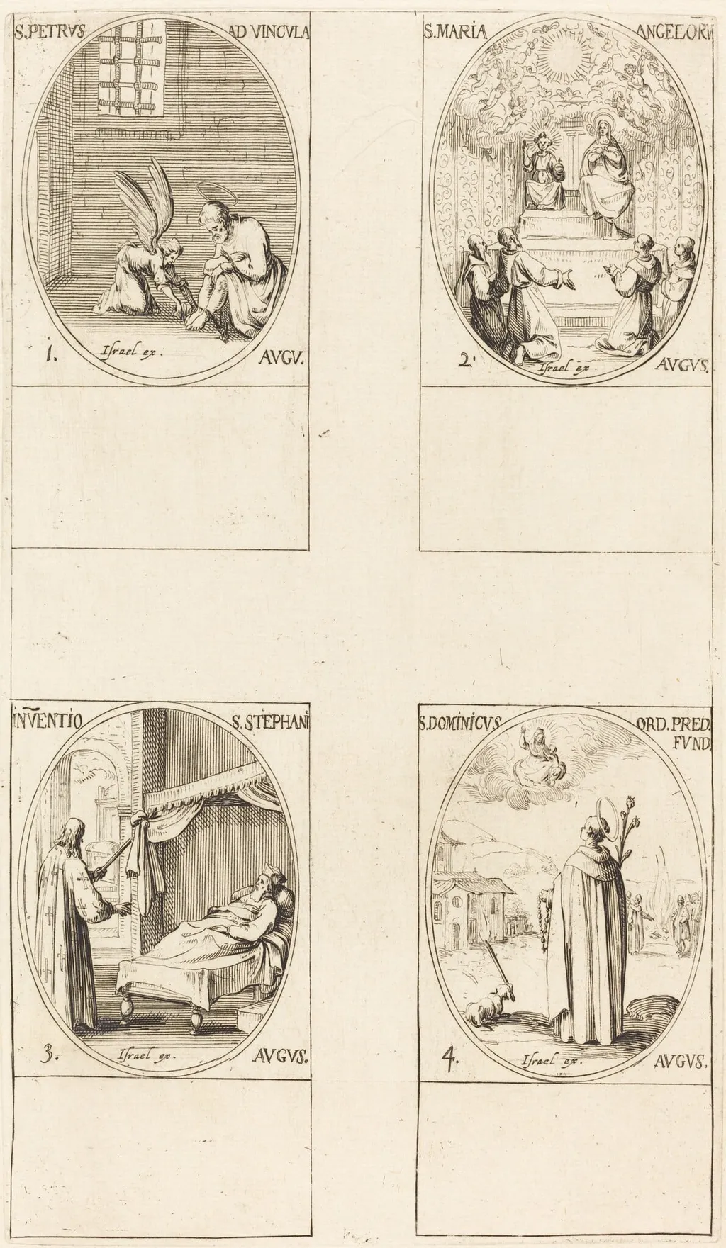 St. Peter, Apostle; St. Mary of Angels; Discovery of the Body of St. Stephen; St. Dominicus, by Jacques Callot, ink, 1634