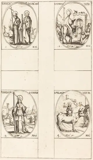 St. Philip and James the Less, Apostles; St. Anthanasius; The Invention of the Cross; St. Pelagia, by Jacques Callot, 1634