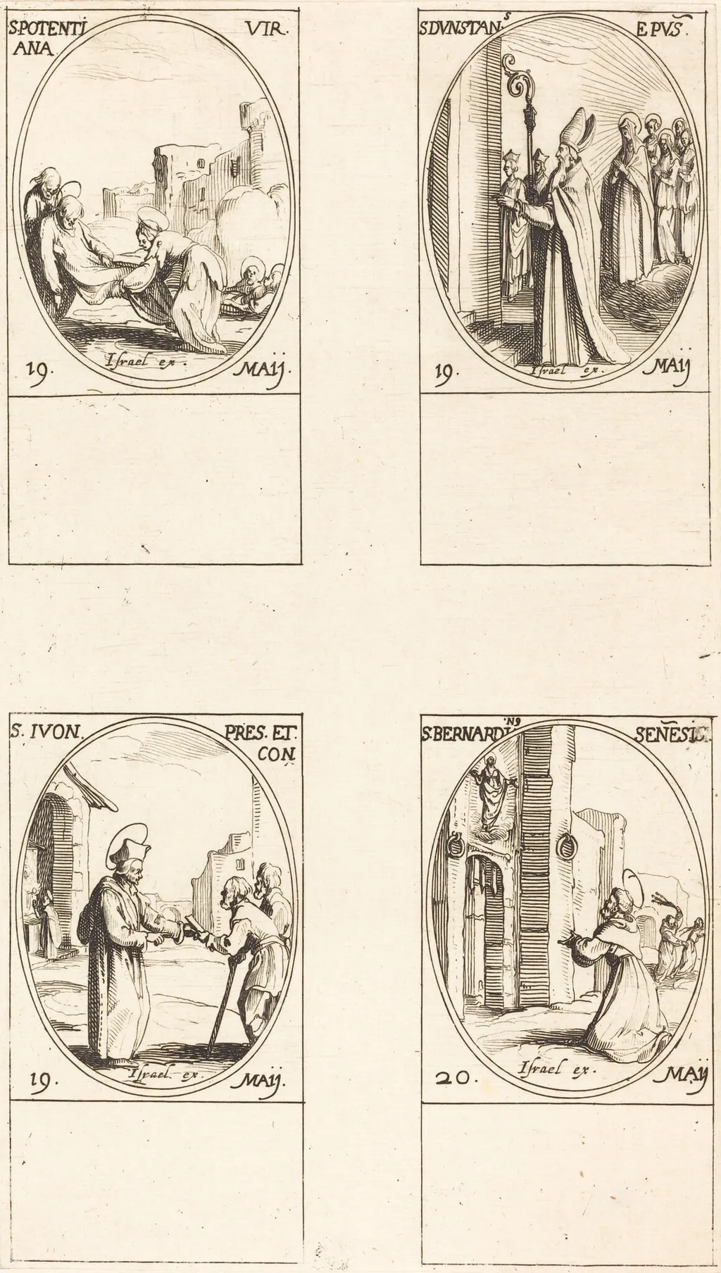 St. Potentiana; St. Dunstan; St. Yvo; St. Bernardinus of Siena, by Jacques Callot, ink, 1634