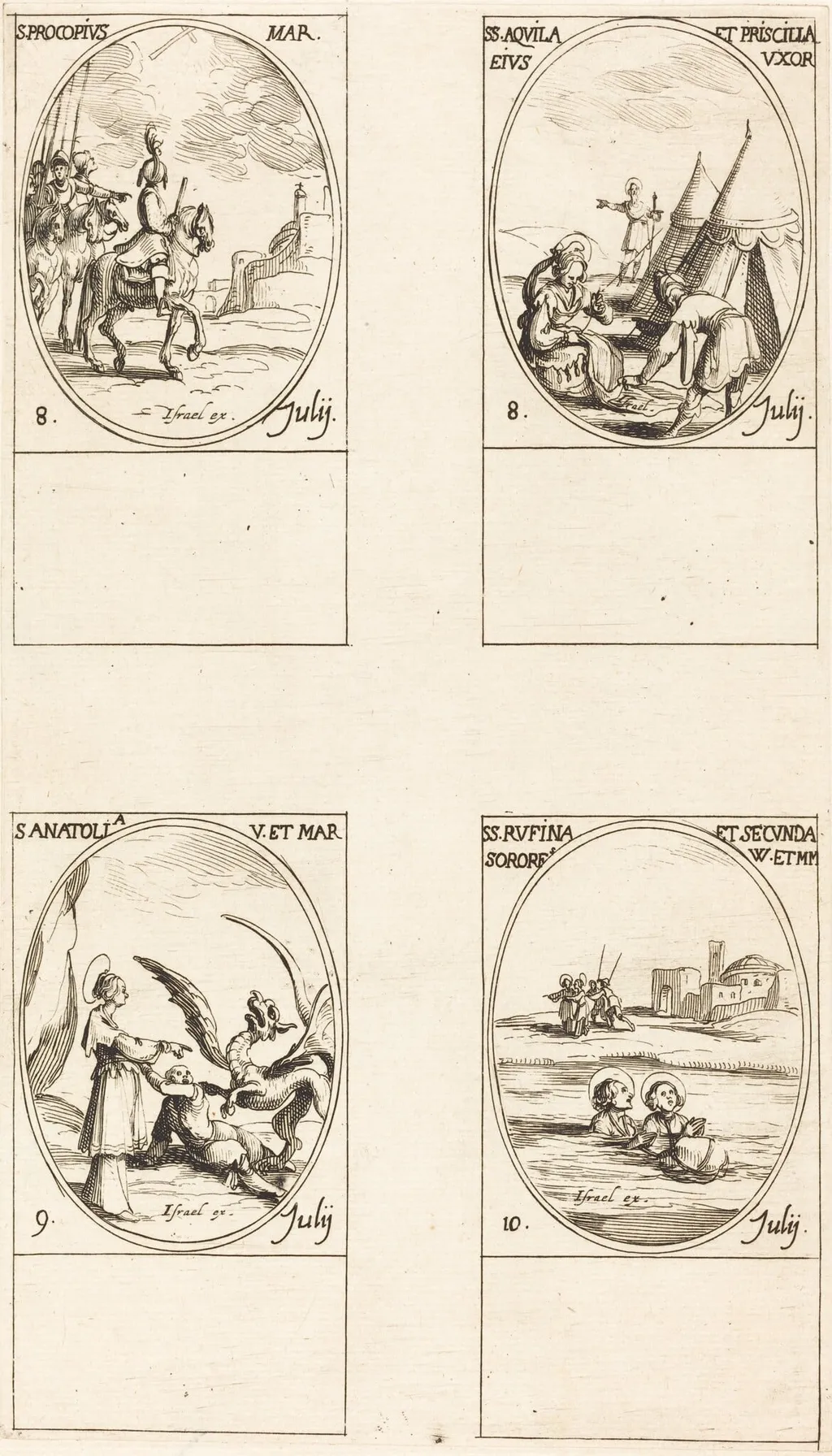 St. Procopius; Sts. Aquila and Prisca; St. Anatolia; Sts. Rufina and Secunda, by Jacques Callot, ink, 1634