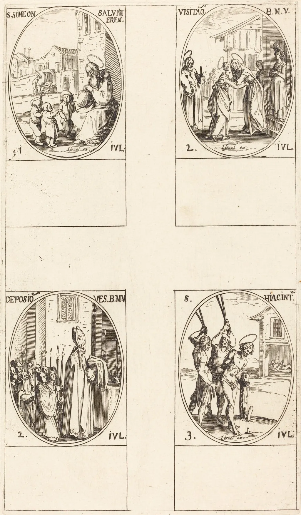 St. Simeon Salus; The Visitation; Deposition of the Virgin's Clothes; St. Hiacintus, by Jacques Callot, ink, 1634