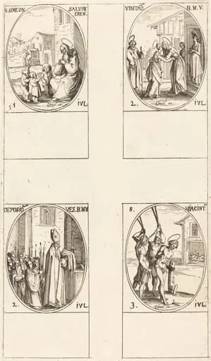 St. Simeon Salus; The Visitation; Deposition of the Virgin's Clothes; St. Hiacintus, by Jacques Callot