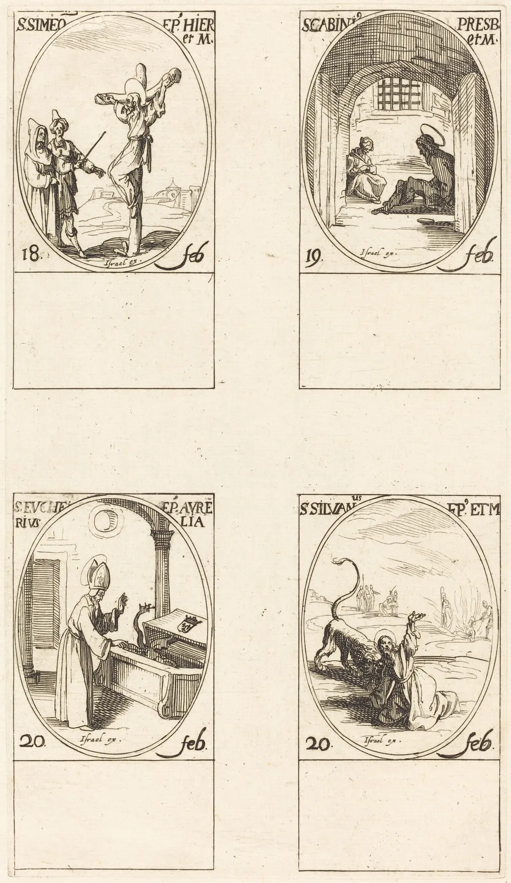 St. Simeon; St. Gabinius; St. Eucharius; St. Silvanus, by Jacques Callot, ink, 1634
