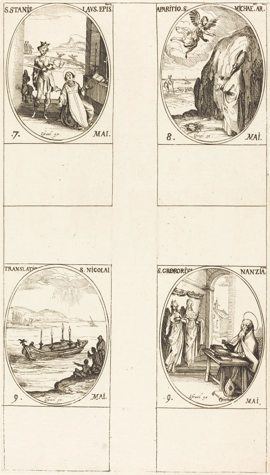 St. Stanislaus; The Apparition of St. Michael; The Translation of St. Nicholas; St. Gregory of Nazianzus, by Jacques Callot, ink, 1634