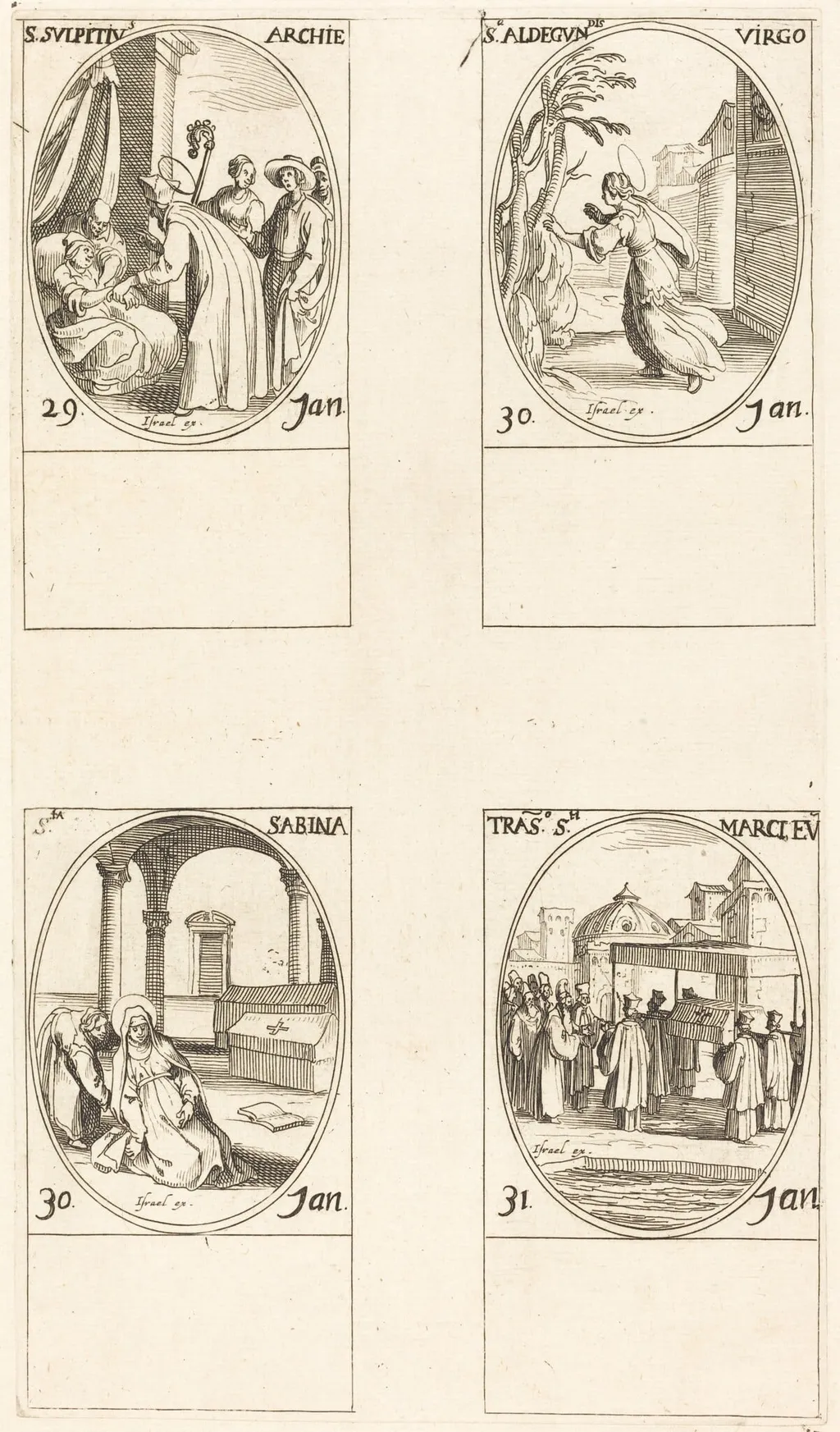 St. Sulpicius; St. Aldegondes; St. Sabina; The Calling of St. Mark, by Jacques Callot, ink, 1634
