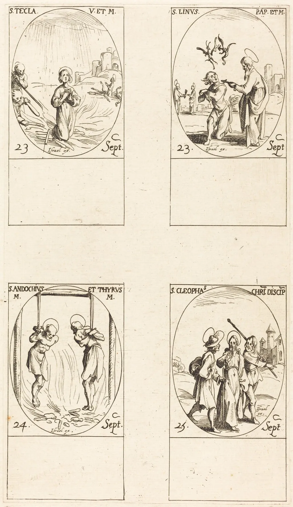 St. Thecla; St. Linus; Sts. Andochius and Thyrsus; St. Cleophas, by Jacques Callot, ink, 1634