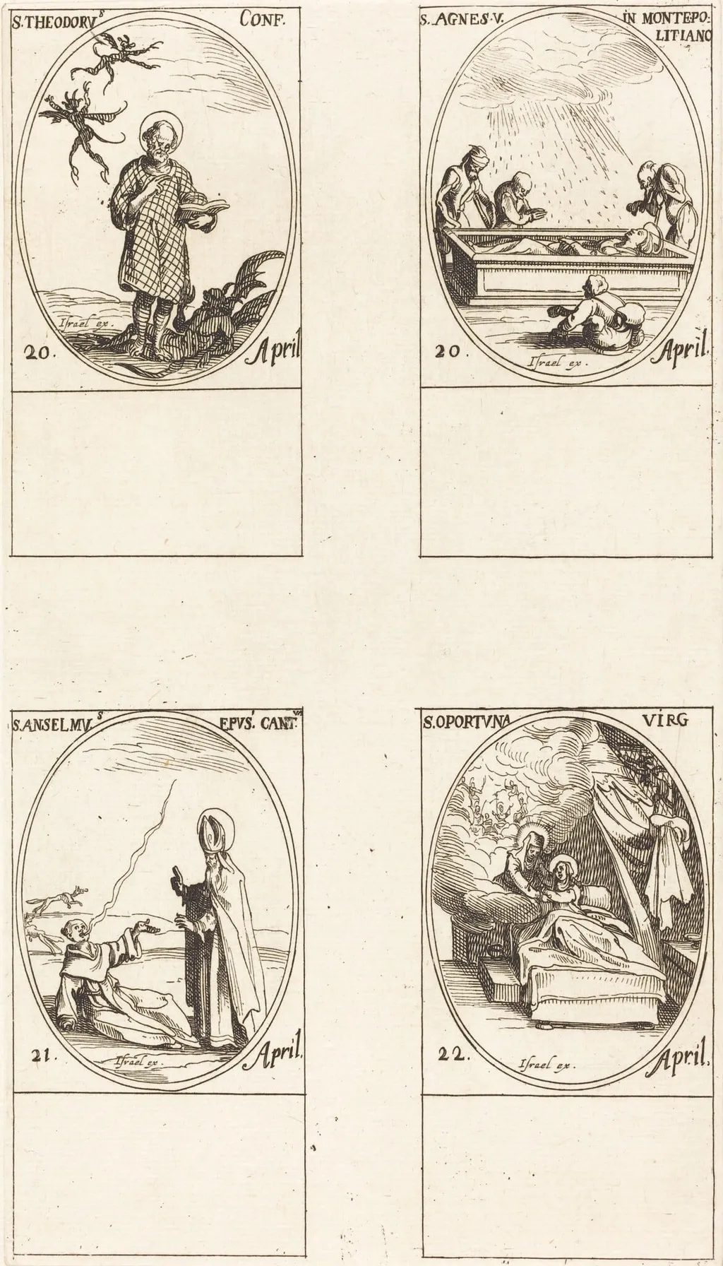 St. Theodorus; St. Agnes of Monte Pulciano; St. Anselme, Archbishop of Canterbury; St. Opportuna and Virgin, by Jacques Callot, ink, 1634