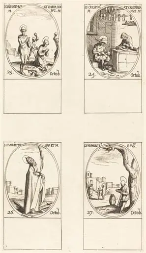 Sts. Chrysanthus & Daria; Sts. Crispin & Crispinian; St. Evaristus; St. Frumentius, by Jacques Callot