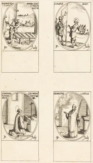 Sts. Donatilla, Maxima & Secunda; St. Fabius; St. John Colombini; St. Ignatius Loyola, by Jacques Callot, 1634