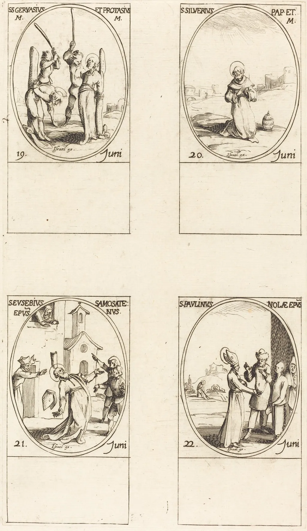 Sts. Gervase & Protase; St. Silverius; St. Eusebius of Samosata; St. Paulinus of Nola, by Jacques Callot, ink, 1634