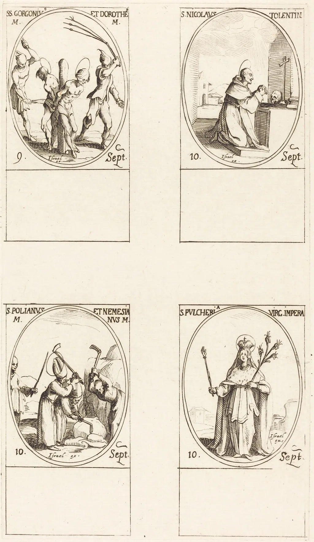 Sts. Gorgonius & Dorothy; St. Nicholas of Tolentino; St. Polianus & Nemesian; St. Pulcheria, by Jacques Callot, ink, 1634