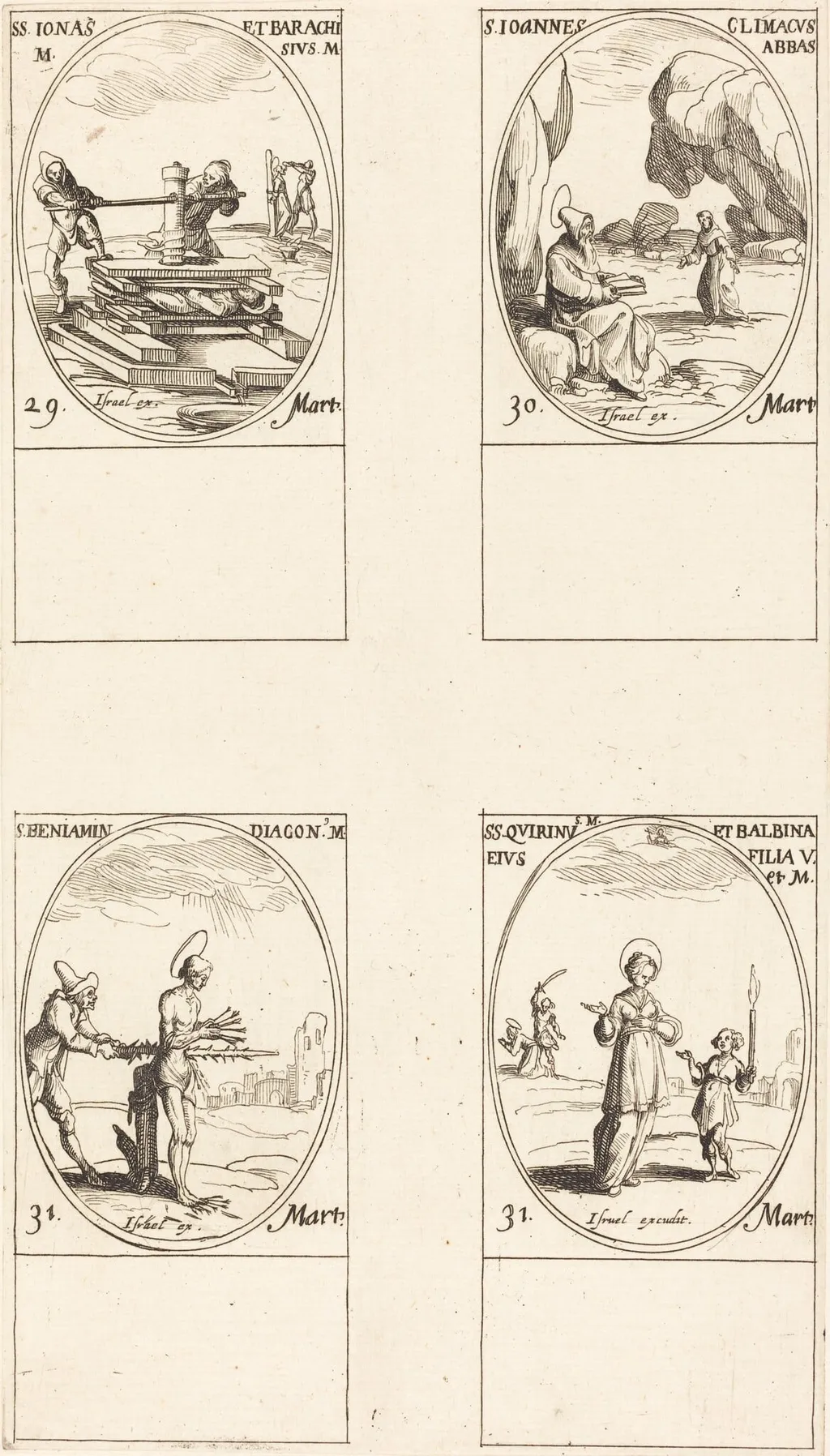 Sts. Jonas & Barachisius; St. John Climacus, Abbot; St. Benjamin; Sts. Quirinus & Bal, by Jacques Callot, ink, 1634