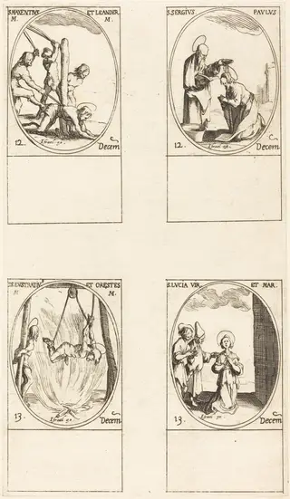 Sts. Maxentius & Leander; Sts. Sergius & Paul; Sts. Eustratius & Orestes; St. Lucy, by Jacques Callot, 1634