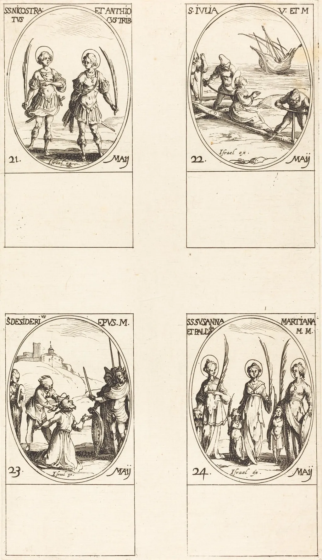 Sts. Nicostratus and Anthiocus; St. Julia; St. Desiderius; Sts. Susanna, Palladia, and Martiana, by Jacques Callot, ink, 1634