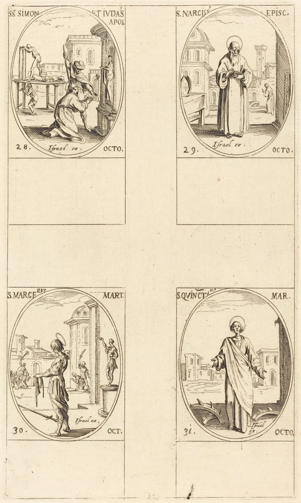 Sts. Simon and Jude, Apostles; St. Narcissus; St. Marcellus; St. Quintin, by Jacques Callot, ink, 1634