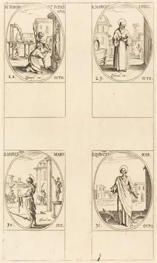 Sts. Simon and Jude, Apostles; St. Narcissus; St. Marcellus; St. Quintin, by Jacques Callot