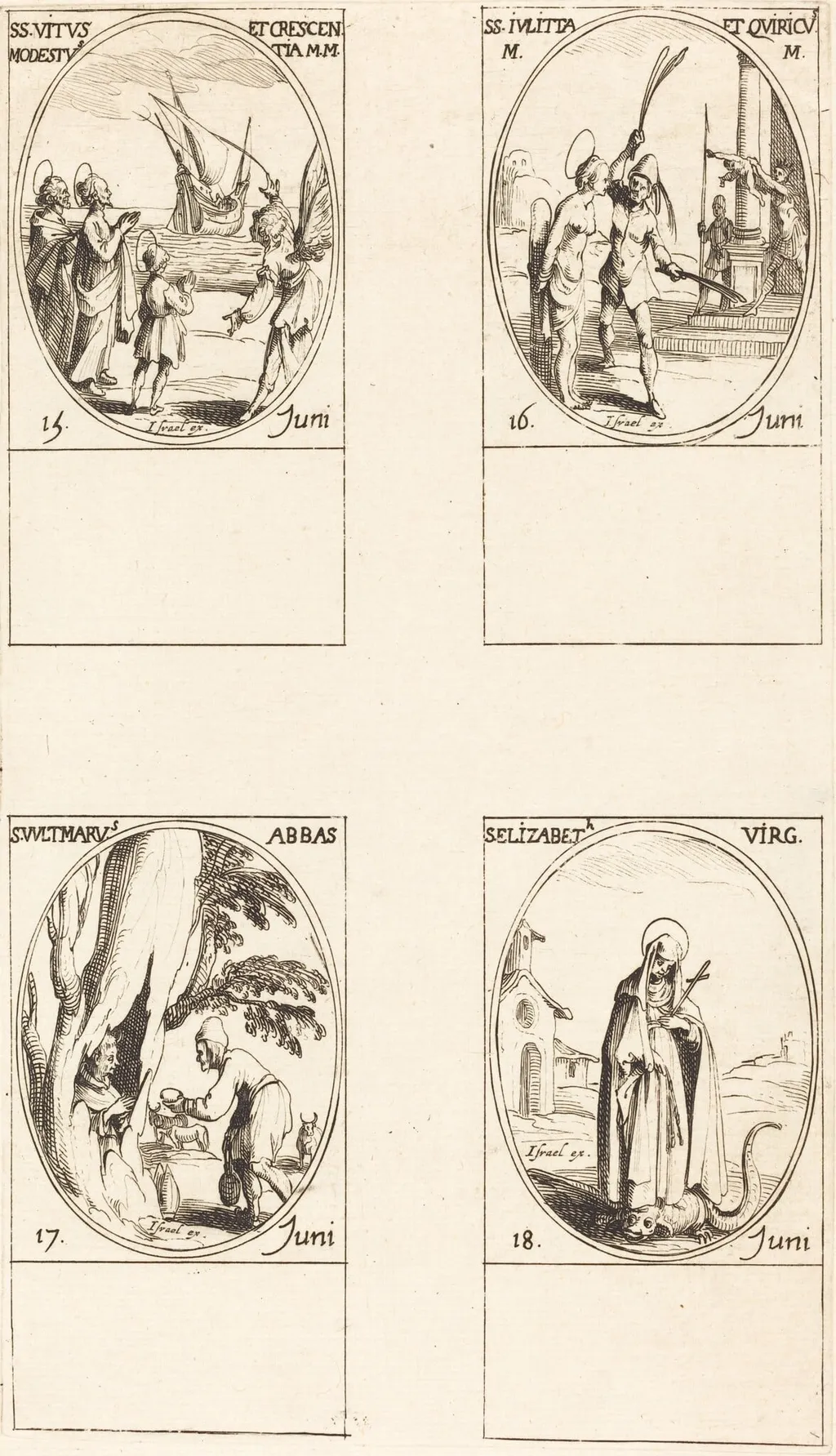 Sts. Vitus, Modestus, & Crescentia; Sts. Julitta & Quiricus; St. Avitus, Abbot; St. Elizabeth, Virgin, by Jacques Callot, ink, 1634