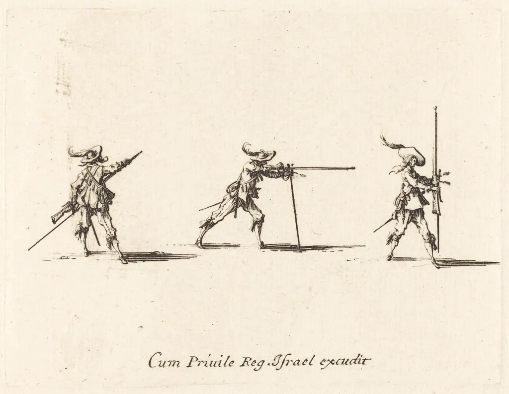 Taking the Firing Position with the Musket, by Jacques Callot, ink, 1634