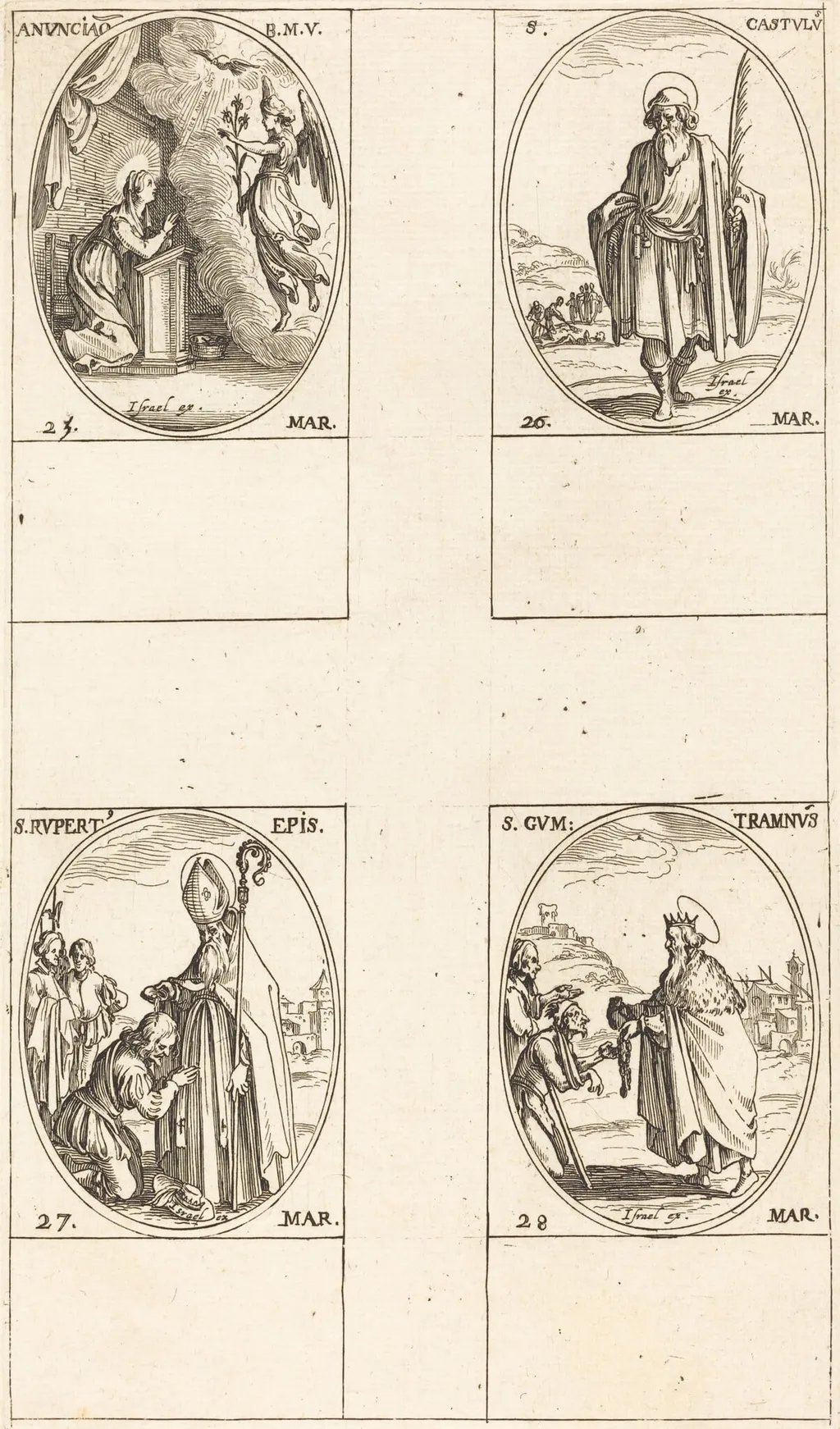 The Annunciation; St. Castulus; St. Rupert; St. Gontran, by Jacques Callot, ink, 1634