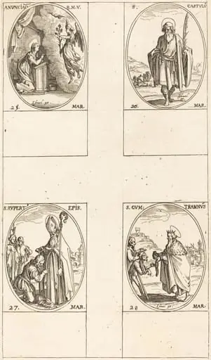 The Annunciation; St. Castulus; St. Rupert; St. Gontran, by Jacques Callot