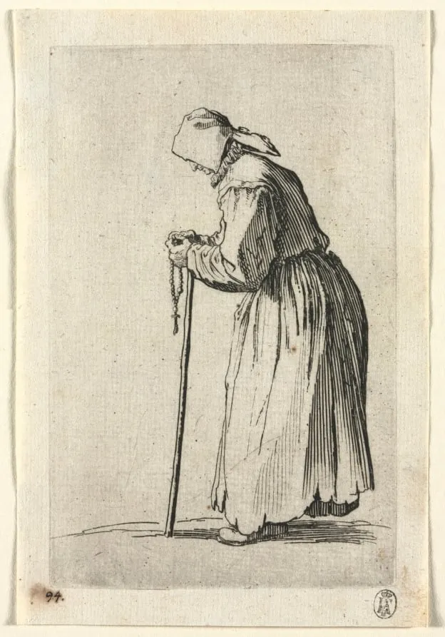 The Beggars: Beggar at Her Rosary, by Jacques Callot, 1623