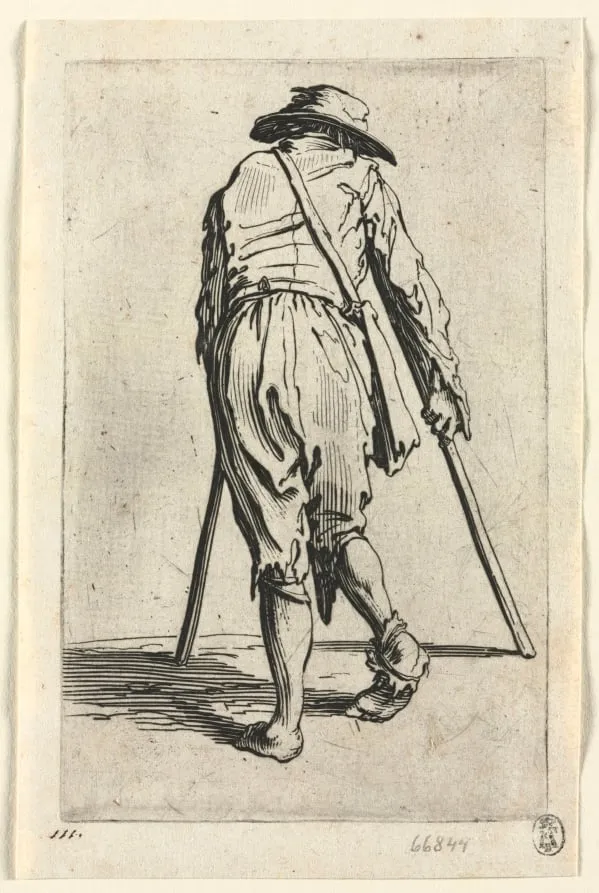 The Beggars: Beggar on Crutches, Wearing a Hat, by Jacques Callot, 1623