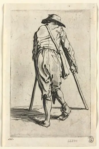 The Beggars: Beggar on Crutches, Wearing a Hat, by Jacques Callot