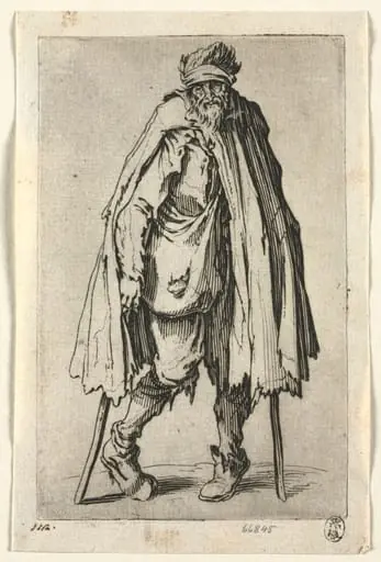 The Beggars: Beggar on Crutches with a Bag, by Jacques Callot