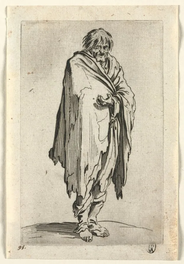The Beggars: Beggar without Hat or Shoes, by Jacques Callot, 1623
